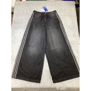 Adidas Originals Womens Denim Wide Leg Pants Washed Black 3-Stripe Size 2430